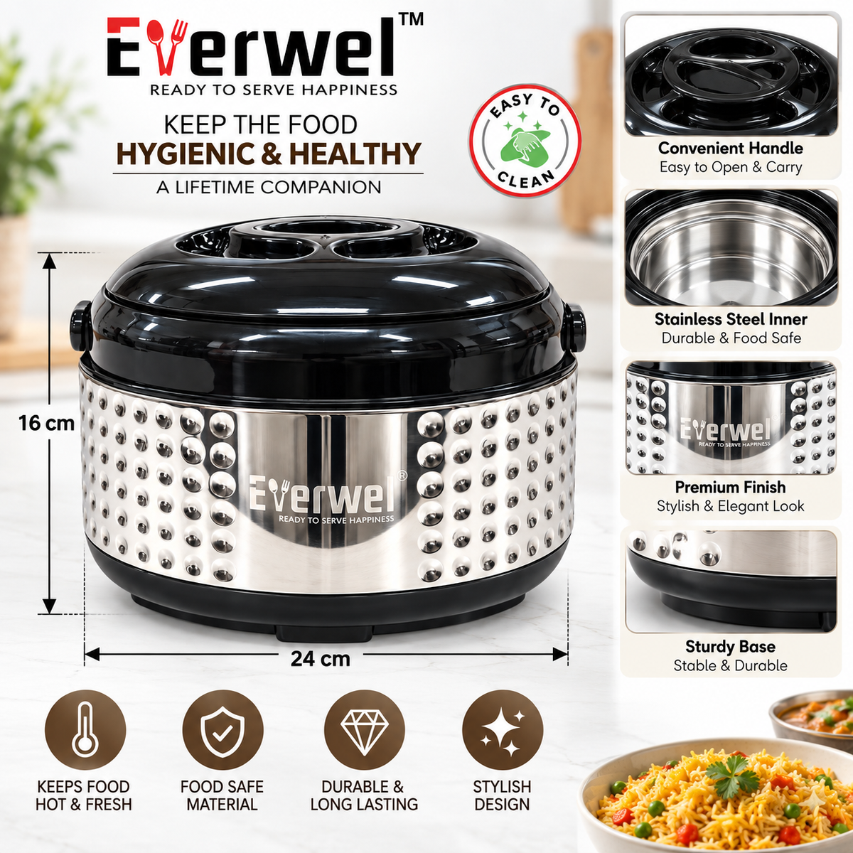 Everwel 1700 ml Insulated Casserole with Carry Handle