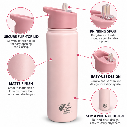 Born Chef Stainless Steel Insulated Water Bottle 750ml with Straw Flip-Top Lid - Pastel Pink Matte Finish