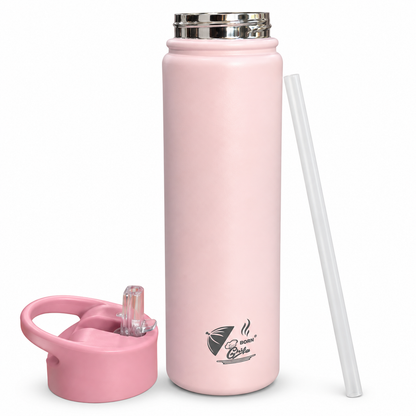 Born Chef Stainless Steel Insulated Water Bottle 750ml with Straw Flip-Top Lid - Pastel Pink Matte Finish