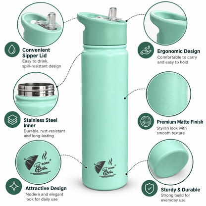Born Chef Stainless Steel Insulated Water Bottle with Straw Sipper Lid - Mint Green Matte Finish