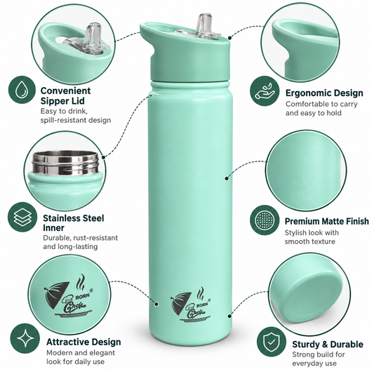 Born Chef Stainless Steel Insulated Water Bottle with Straw Sipper Lid - Mint Green Matte Finish