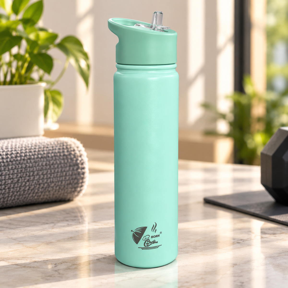 Born Chef Stainless Steel Insulated Water Bottle with Straw Sipper Lid - Mint Green Matte Finish