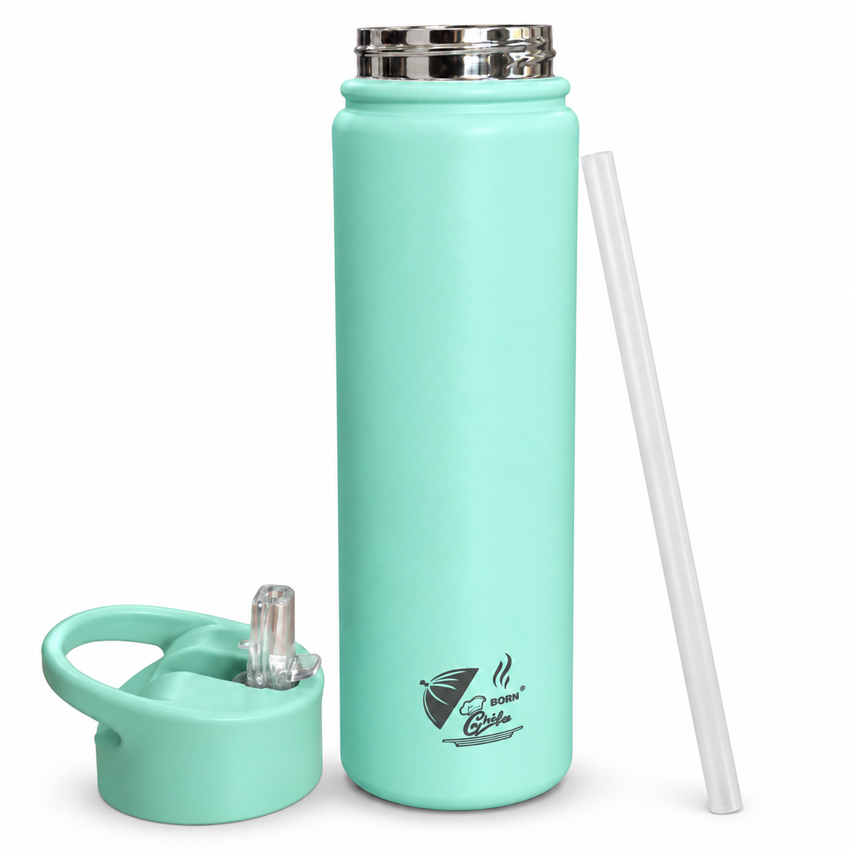 Born Chef Stainless Steel Insulated Water Bottle with Straw Sipper Lid - Mint Green Matte Finish