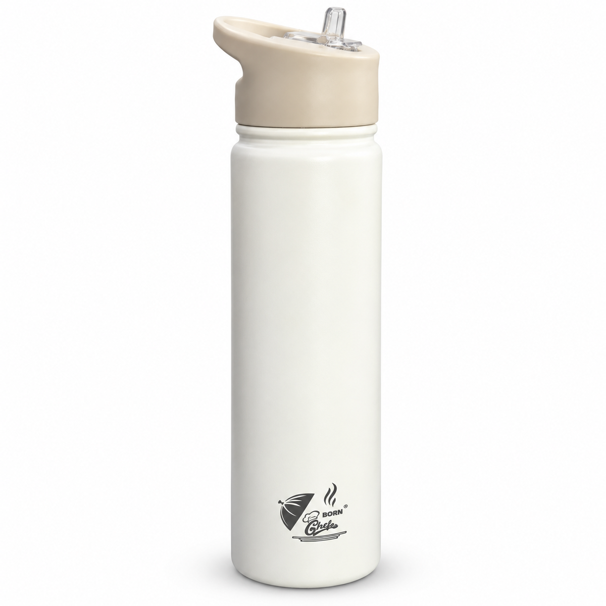 Born Chef Stainless Steel Water Bottle with Leak-Proof Straw Sipper Lid - White Matte Finish with Beige Lid
