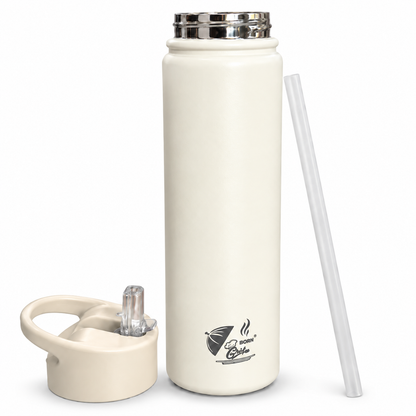 Born Chef Stainless Steel Water Bottle with Leak-Proof Straw Sipper Lid - White Matte Finish with Beige Lid