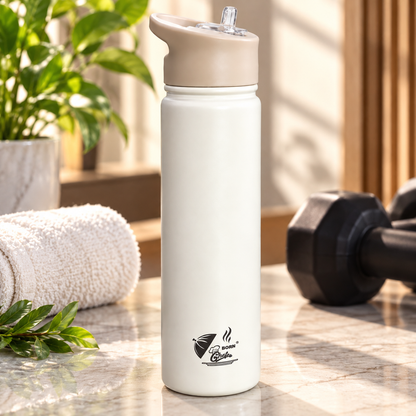 Born Chef Stainless Steel Water Bottle with Leak-Proof Straw Sipper Lid - White Matte Finish with Beige Lid