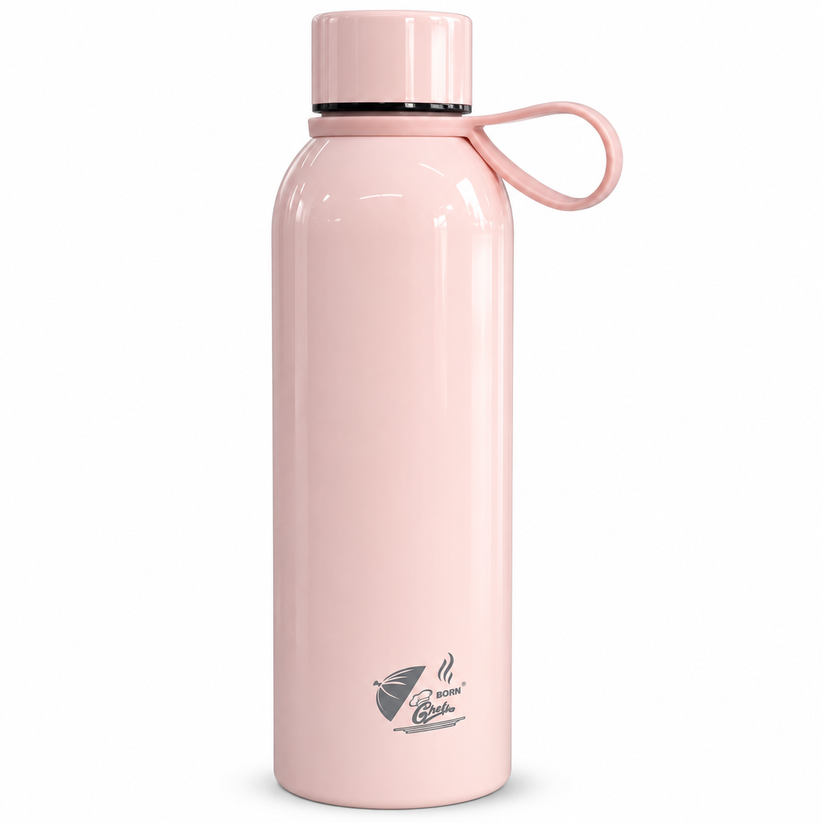 Born Chef Premium Stainless Steel Water Bottle 750ml | Leak-Proof Cap, Silicone Carry Handle, Rust Resistant | Pastel Pink Glossy Finish