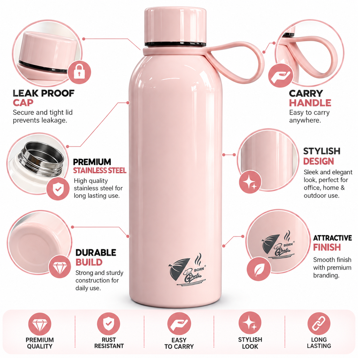 Born Chef Premium Stainless Steel Water Bottle 750ml | Leak-Proof Cap, Silicone Carry Handle, Rust Resistant | Pastel Pink Glossy Finish