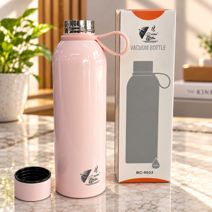 Born Chef Premium Stainless Steel Water Bottle 750ml | Leak-Proof Cap, Silicone Carry Handle, Rust Resistant | Pastel Pink Glossy Finish