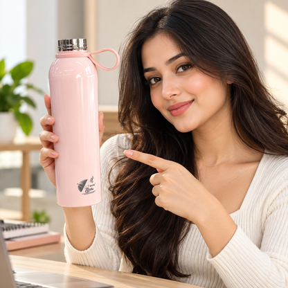 Born Chef Premium Stainless Steel Water Bottle 750ml | Leak-Proof Cap, Silicone Carry Handle, Rust Resistant | Pastel Pink Glossy Finish