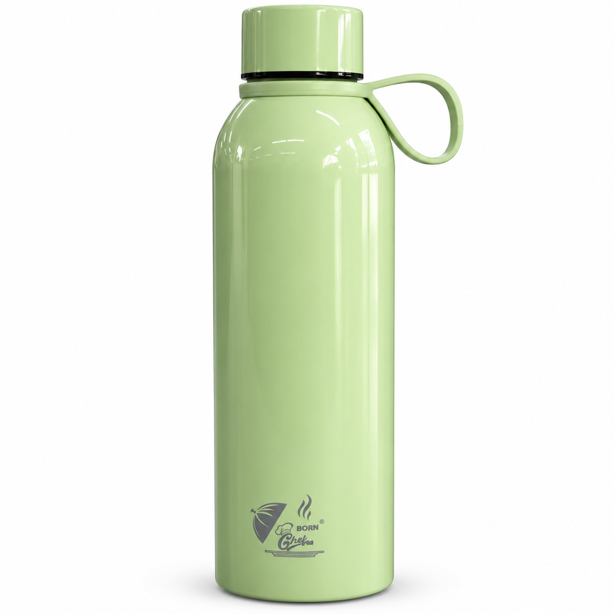 Born Chef Premium Stainless Steel Water Bottle 750ml | Leak-Proof Cap, Carry Handle, Rust Resistant | Pastel Green Glossy Finish