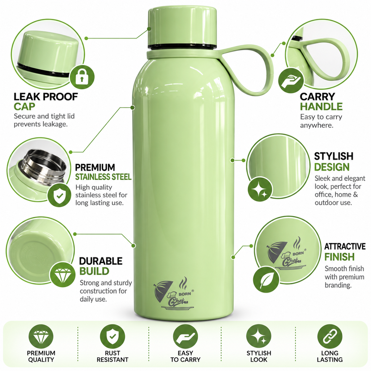Born Chef Premium Stainless Steel Water Bottle 750ml | Leak-Proof Cap, Carry Handle, Rust Resistant | Pastel Green Glossy Finish