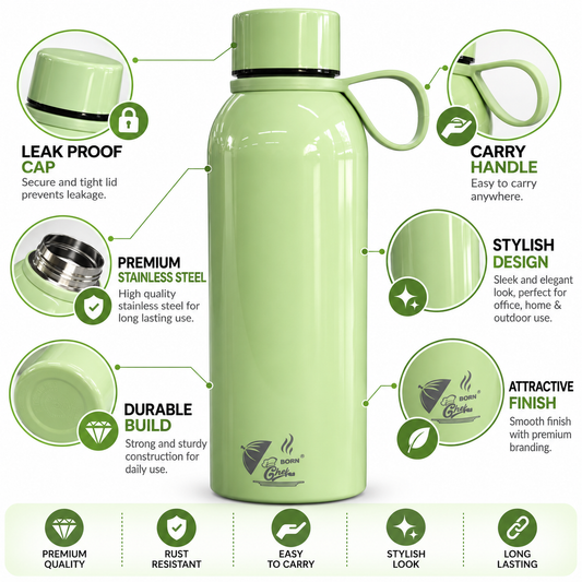 Born Chef Premium Stainless Steel Water Bottle 750ml | Leak-Proof Cap, Carry Handle, Rust Resistant | Pastel Green Glossy Finish