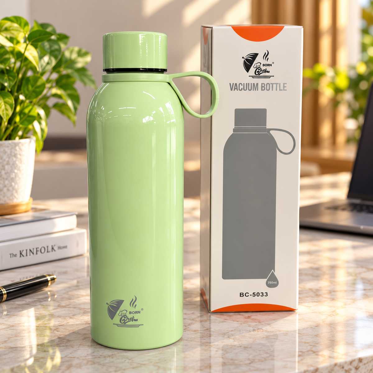 Born Chef Premium Stainless Steel Water Bottle 750ml | Leak-Proof Cap, Carry Handle, Rust Resistant | Pastel Green Glossy Finish
