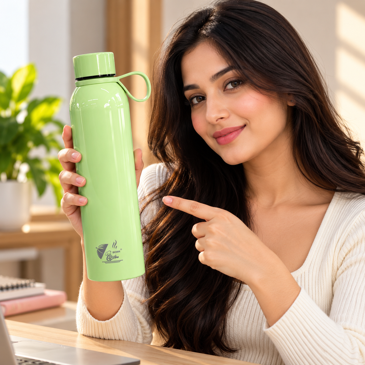 Born Chef Premium Stainless Steel Water Bottle 750ml | Leak-Proof Cap, Carry Handle, Rust Resistant | Pastel Green Glossy Finish