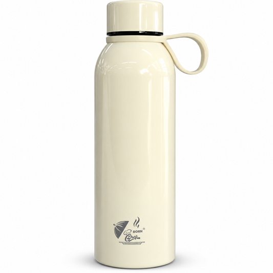 Born Chef Premium Stainless Steel Water Bottle 750ml | Leak-Proof Cap, Carry Handle, Rust Resistant | Cream Glossy Finish