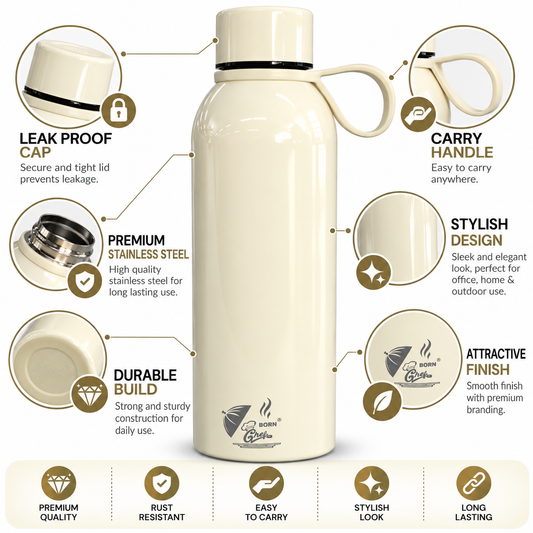 Born Chef Premium Stainless Steel Water Bottle 750ml | Leak-Proof Cap, Carry Handle, Rust Resistant | Cream Glossy Finish