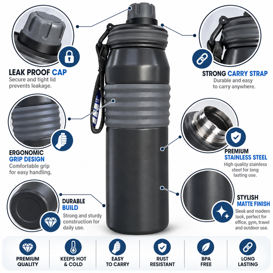 Born Chef Premium Stainless Steel Sports Water Bottle 900ml | Hot & Cold, Leak-Proof Cap, Carry Strap, Ergonomic Grip | Grey Matte Finish