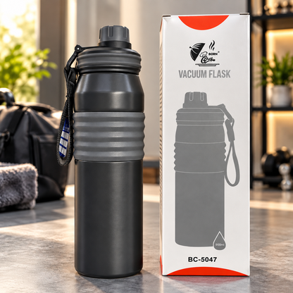 Born Chef Premium Stainless Steel Sports Water Bottle 900ml | Hot & Cold, Leak-Proof Cap, Carry Strap, Ergonomic Grip | Grey Matte Finish