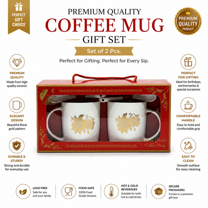 Premium Quality Coffee Mug Set 2 Pcs with Spoons - White Ceramic Golden Floral Gift Set