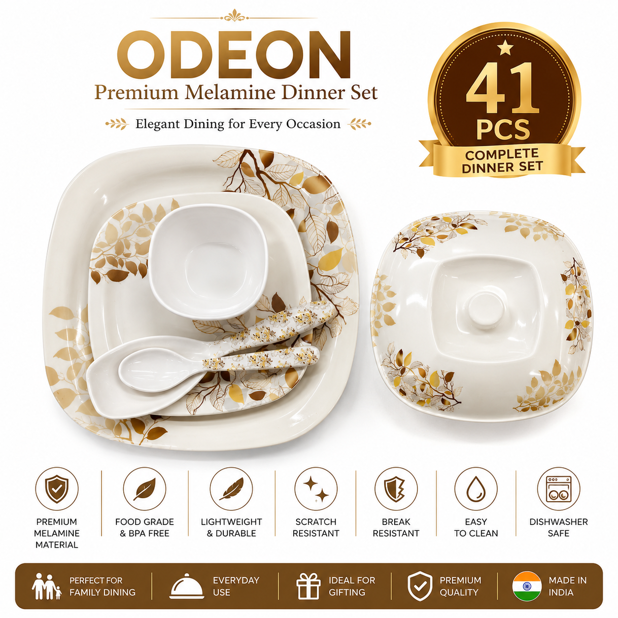ODEON Premium Melamine Dinner Set – 41 Pieces | Autumn Leaves Design