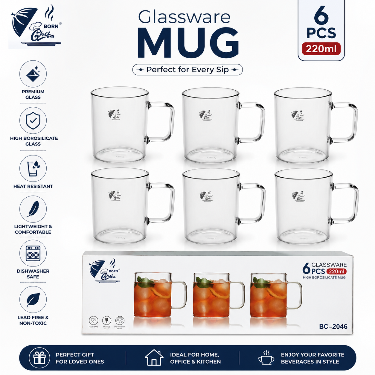Born Glass BC-2046 High Borosilicate Glass Mug Set – 6 Pieces | 220ml