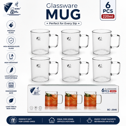 Born Glass BC-2046 High Borosilicate Glass Mug Set – 6 Pieces | 220ml