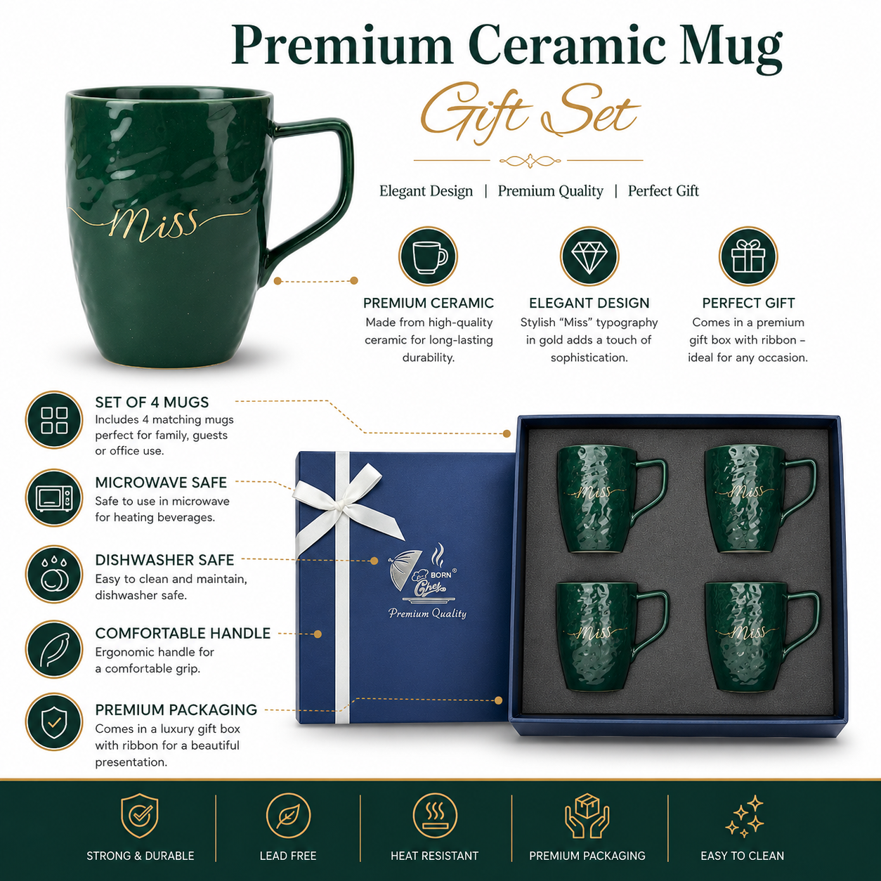 Miss Ceramic Mug Set of 4 | Forest Green | Premium Gift Box