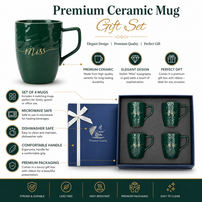 Miss Ceramic Mug Set of 4 | Forest Green | Premium Gift Box