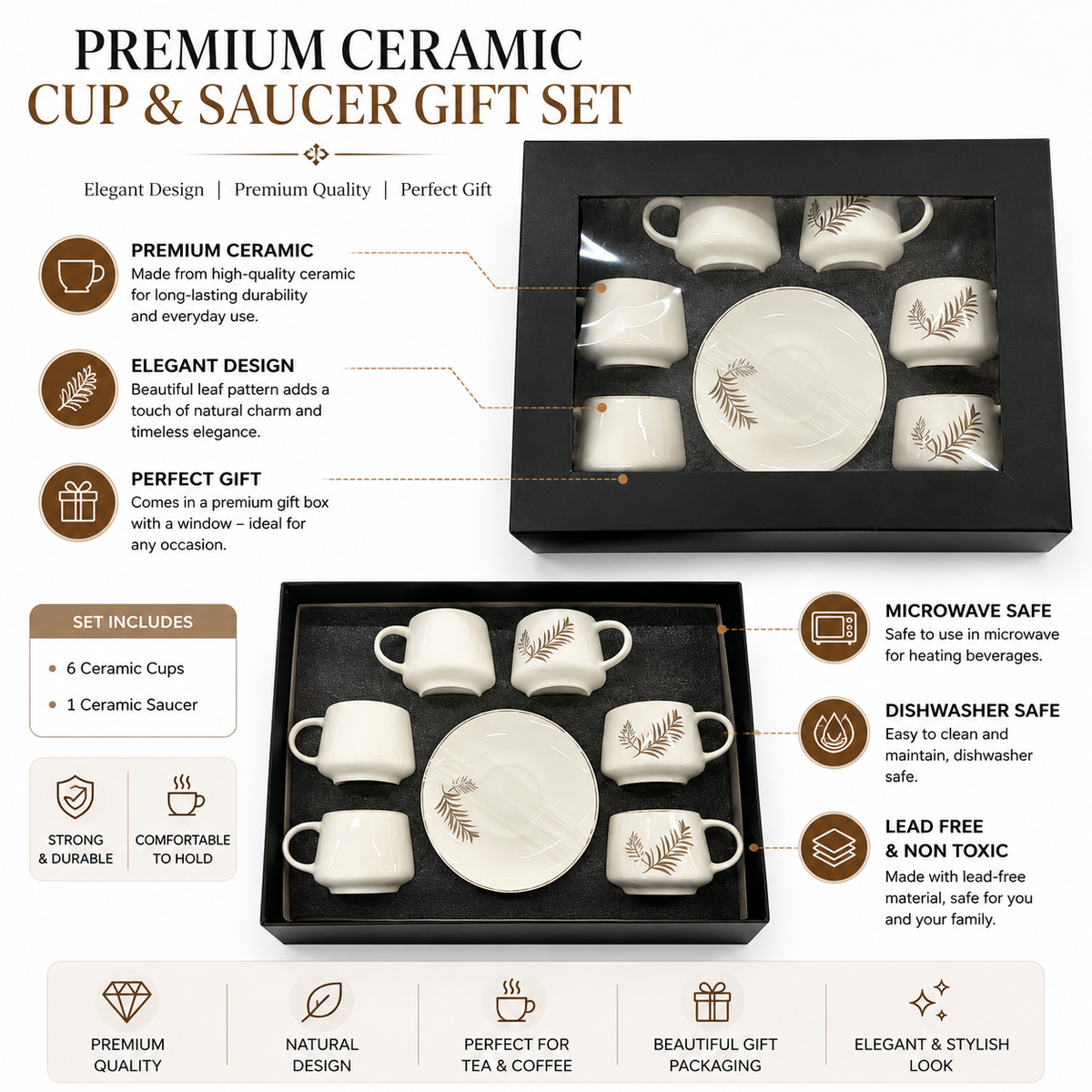 Golden Fern 6-Piece Ceramic Cup Set