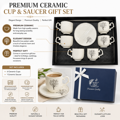 Premium Ceramic Tea Set – 6 Cups & 6 Saucers | Winter Tree Design | Gift Box