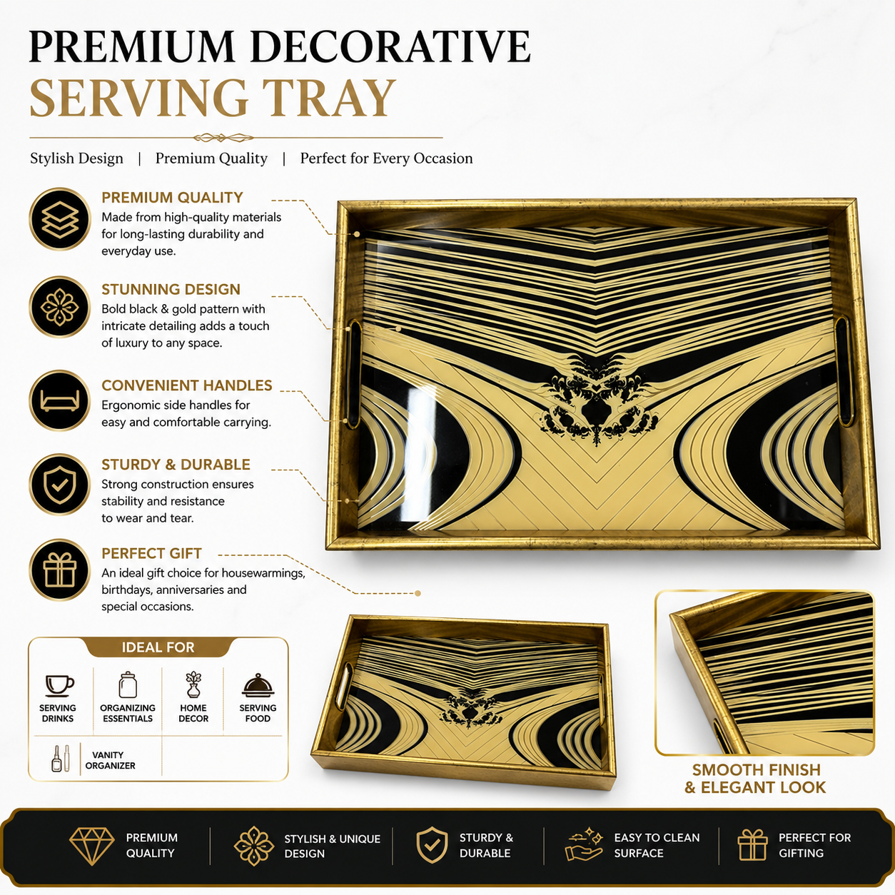 Premium Gold & Black Decorative Serving Tray | Art Deco Design | Metal Handles