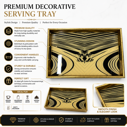 Premium Gold & Black Decorative Serving Tray | Art Deco Design | Metal Handles