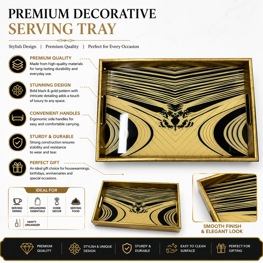 Premium Gold & Black Decorative Serving Tray | Art Deco Design | Metal Handles