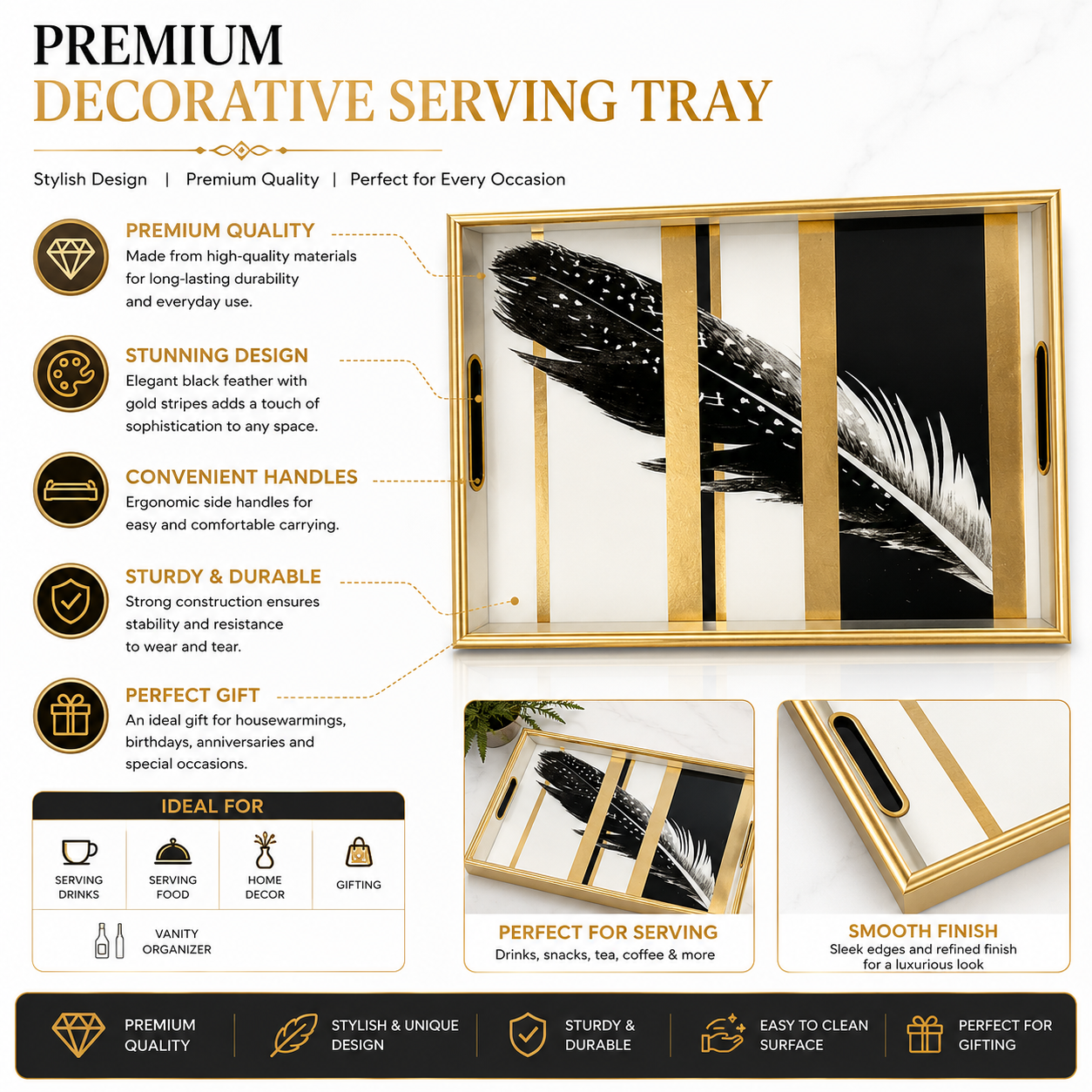 Premium Decorative Serving Tray – Black & White Feather Design | Gold Frame | Glass Top
