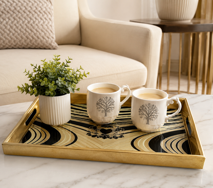 Premium Decorative Serving Tray – Black & White Feather Design | Gold Frame | Glass Top