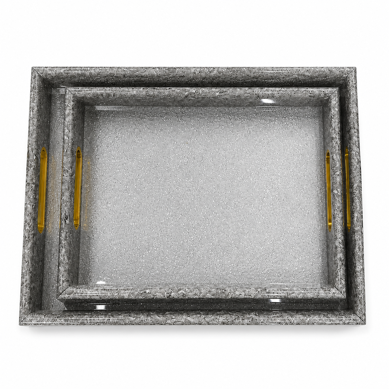 Premium Silver Embossed Floral Serving Tray – Mirror Base | Gold Handles | Luxury Decor