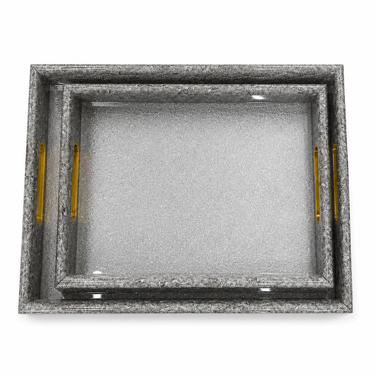 Premium Silver Embossed Floral Serving Tray – Mirror Base | Gold Handles | Luxury Decor