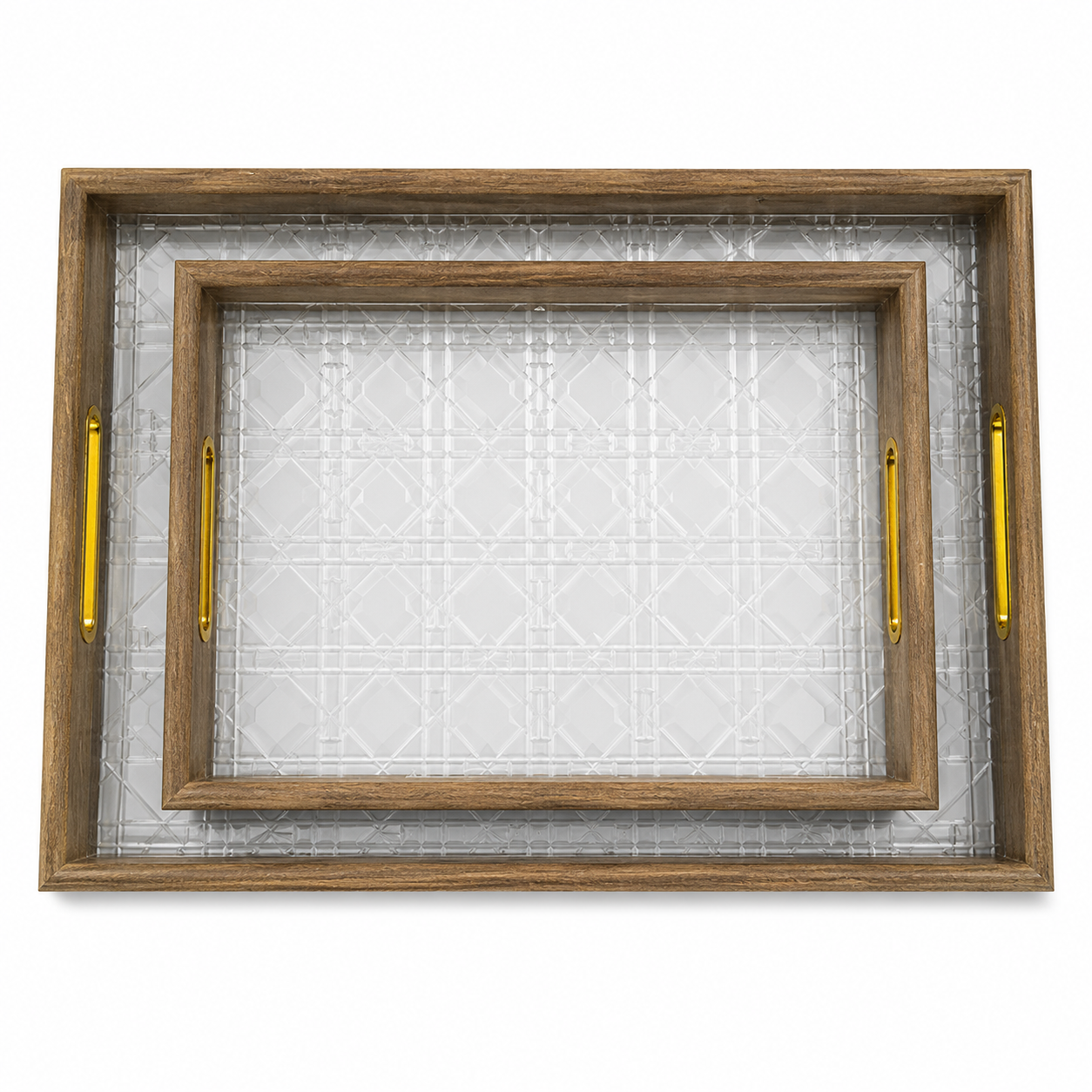Set of 2 Premium Serving Trays – Gold Frame | Clear Cane Lattice Acrylic Base | Gold Handles