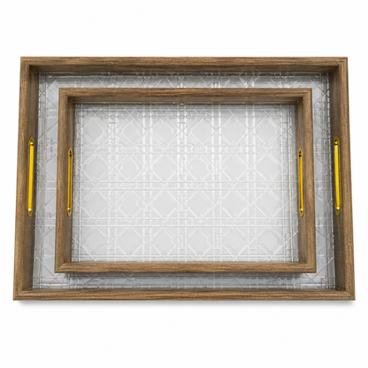 Set of 2 Premium Serving Trays – Gold Frame | Clear Cane Lattice Acrylic Base | Gold Handles