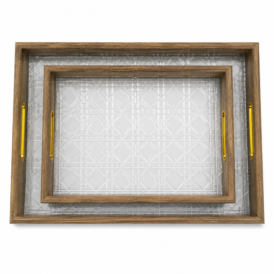 Set of 2 Premium Serving Trays – Gold Frame | Clear Cane Lattice Acrylic Base | Gold Handles