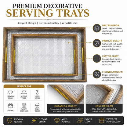Set of 2 Premium Serving Trays – Gold Frame | Clear Cane Lattice Acrylic Base | Gold Handles