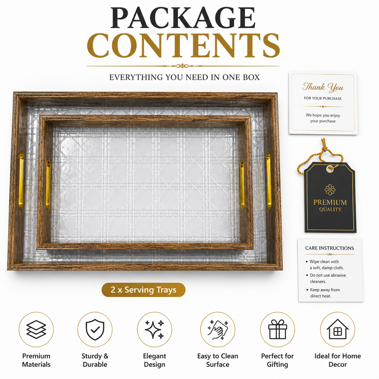 Set of 2 Premium Serving Trays – Gold Frame | Clear Cane Lattice Acrylic Base | Gold Handles