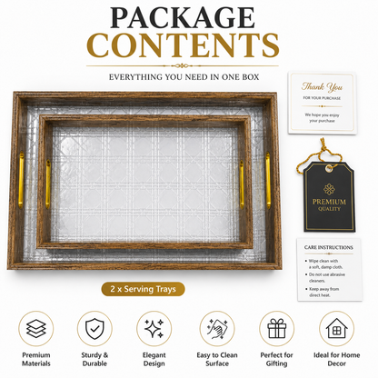 Set of 2 Premium Serving Trays – Gold Frame | Clear Cane Lattice Acrylic Base | Gold Handles