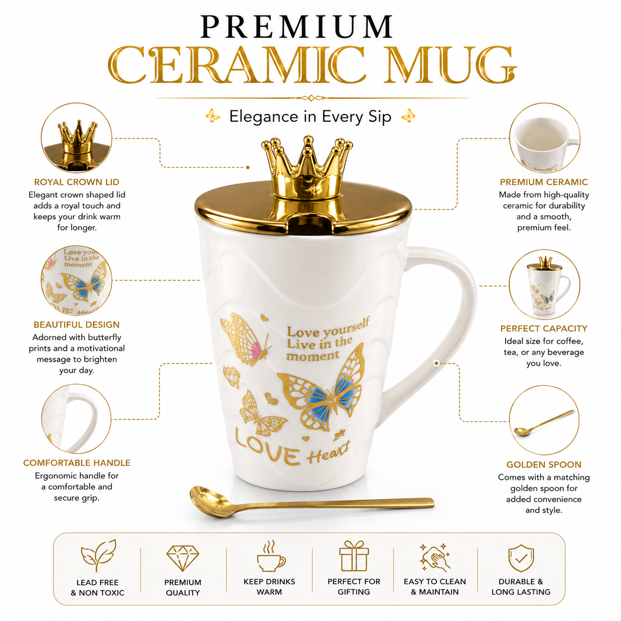 Premium Ceramic Mug with Gold Crown Lid & Spoon – Butterfly Love Design | Gift Set