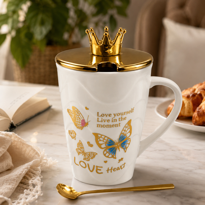 Premium Ceramic Mug with Gold Crown Lid & Spoon – Butterfly Love Design | Gift Set