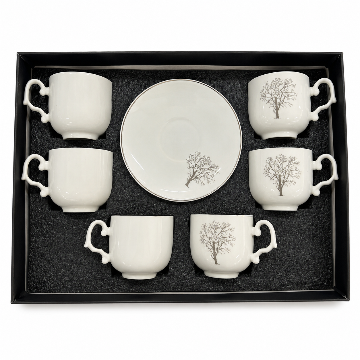 Premium Ceramic Tea Set – 6 Cups & 6 Saucers | Silver Floral Design | Gift Box
