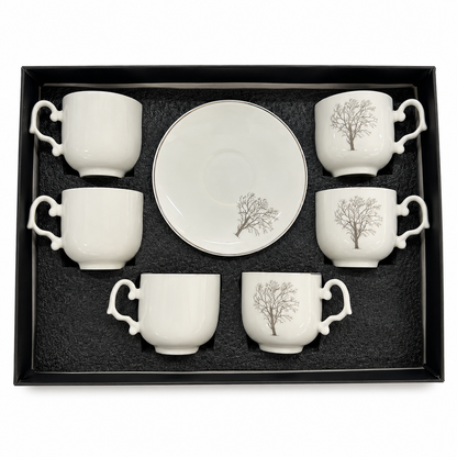 Premium Ceramic Tea Set – 6 Cups & 6 Saucers | Silver Floral Design | Gift Box