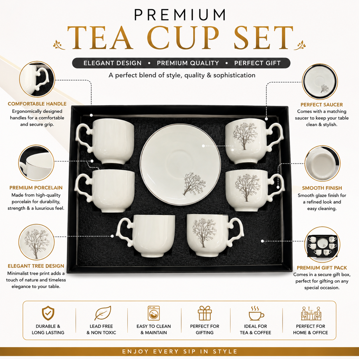 Premium Ceramic Tea Set – 6 Cups & 6 Saucers | Silver Floral Design | Gift Box