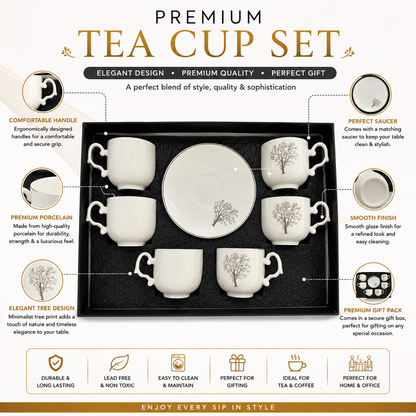 Premium Ceramic Tea Set – 6 Cups & 6 Saucers | Silver Floral Design | Gift Box